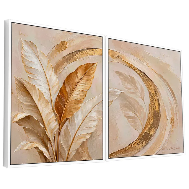 Quadro Abstrato Pinceladas e Folhas Douradas 2 Peças
