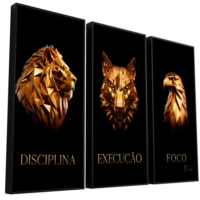 Quadro Disciplina, Execução e Foco de Ouro 3 Peças
